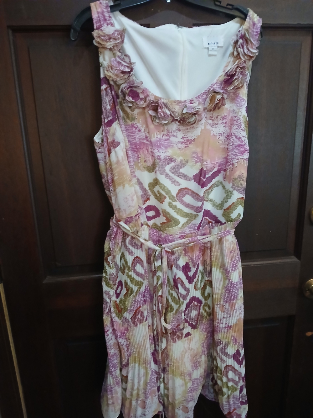 Snap Floral-Embellished Midi Dress in Pink, Cream & Olive Size 2X Belted